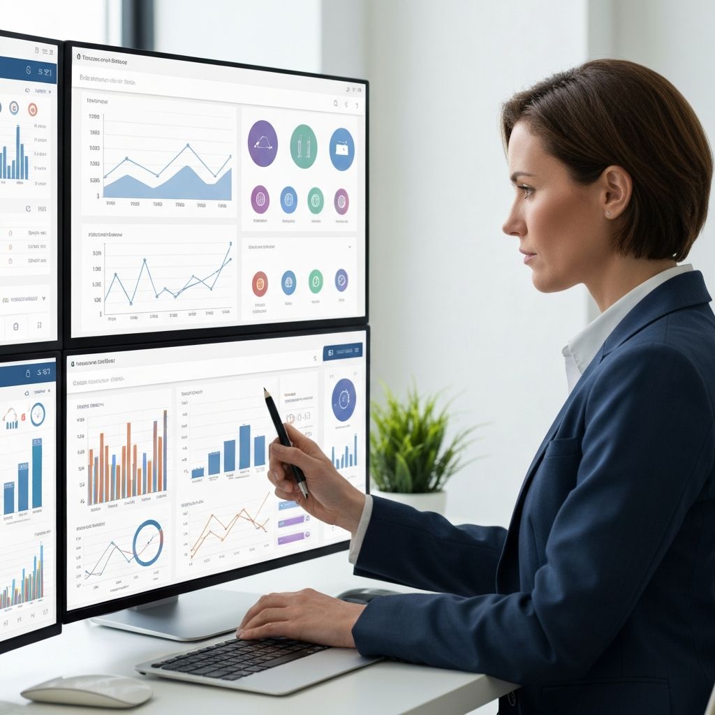 Executive CFO analyzing advanced BI dashboard with financial data visualizations, graphs and key performance indicators on multiple screens in a modern office environment