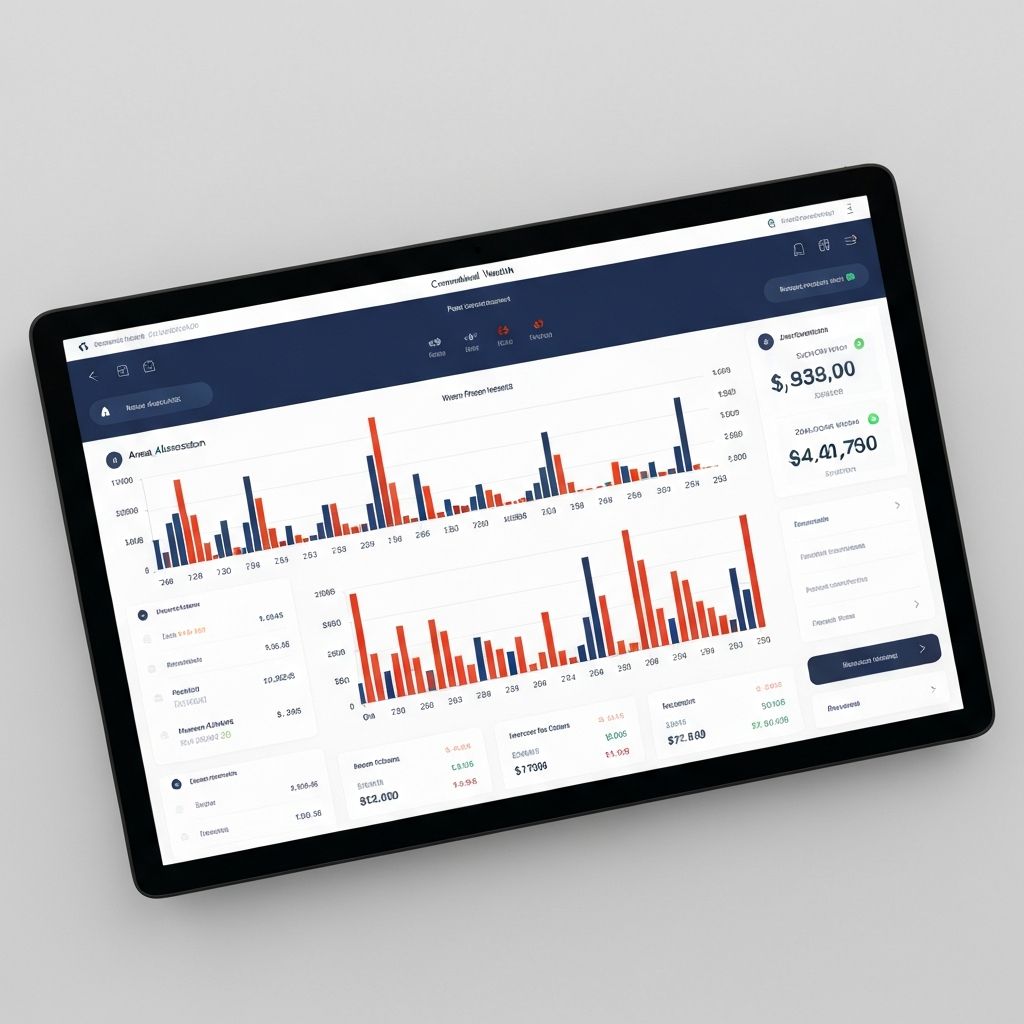 Interactive financial dashboard showing consolidated wealth data, asset allocation charts, performance metrics and real-time updates across multiple investment accounts and portfolios