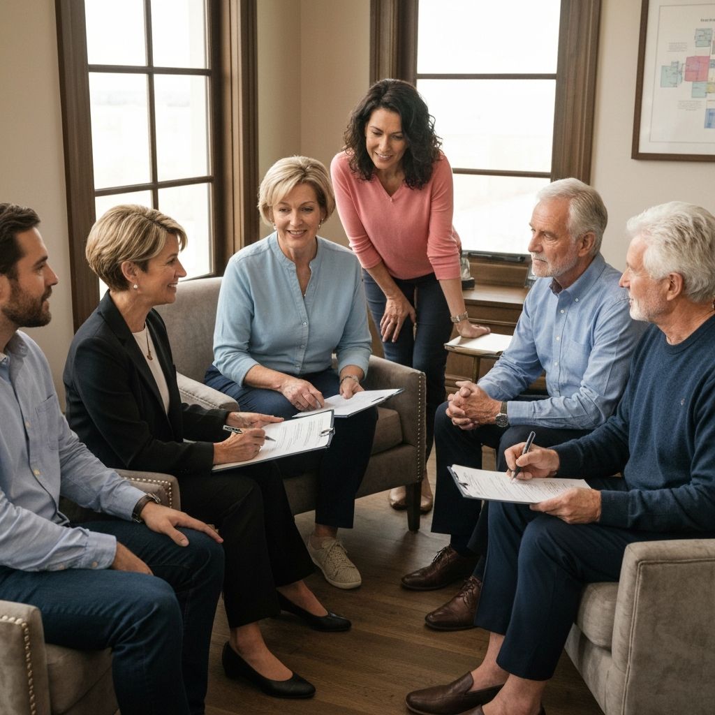 Multigenerational family meeting with financial advisor reviewing wealth succession documents, estate planning charts and legacy structure diagrams in elegant office